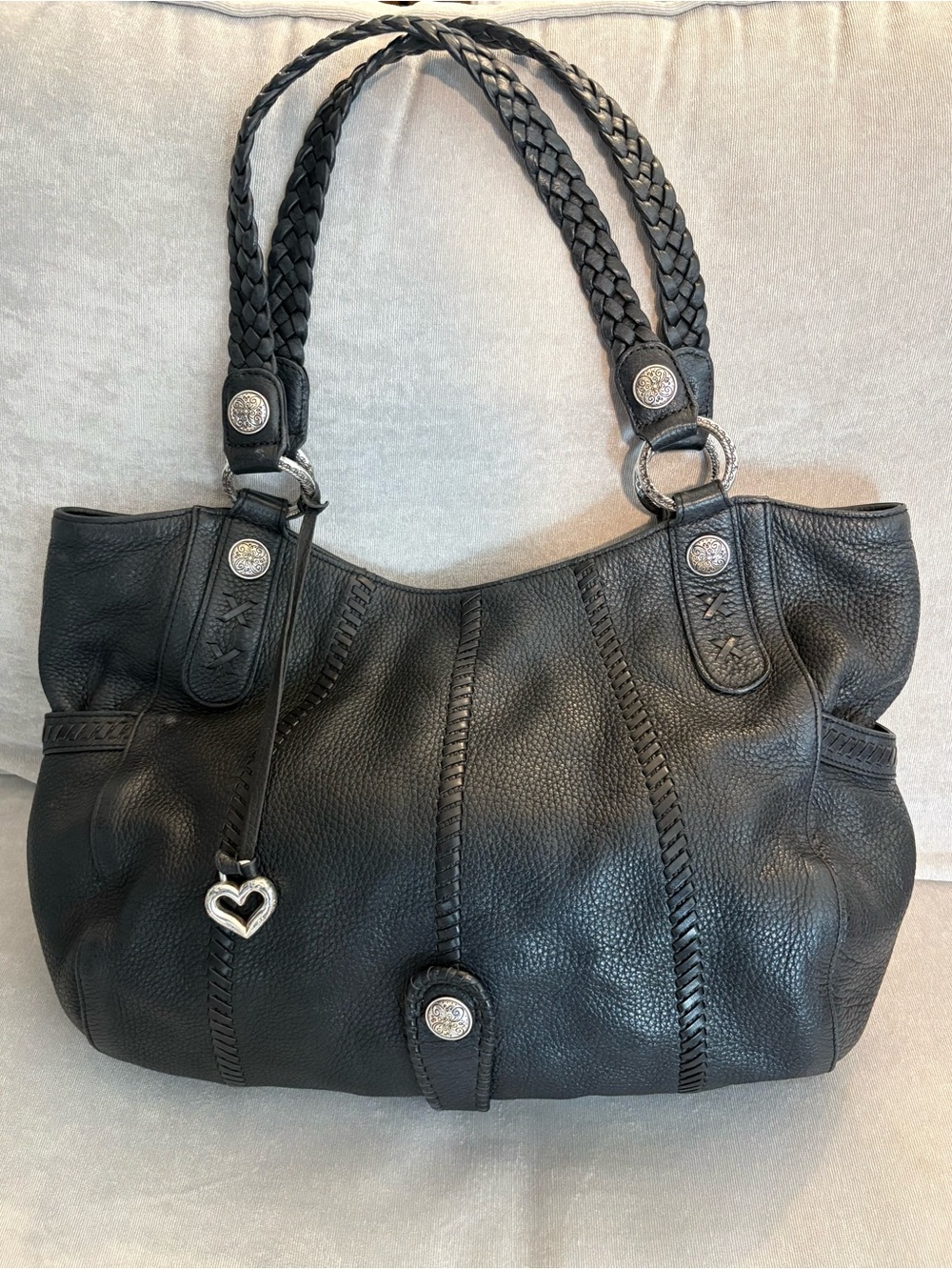 Brighton Ultra-Soft Black Pebbled Leather Shoulder Bag Tote with Braided Straps